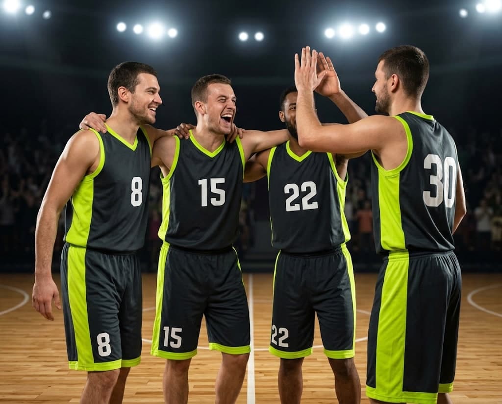 Basketball team wearing custom uniforms